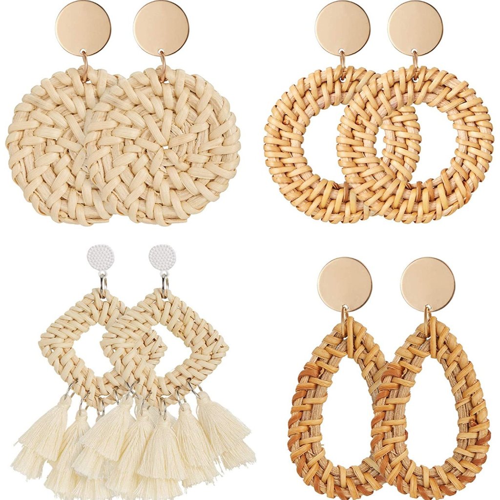 New 4 Pairs Rattan Earrings Lightweight Geometric Tassel Woven Bohemian